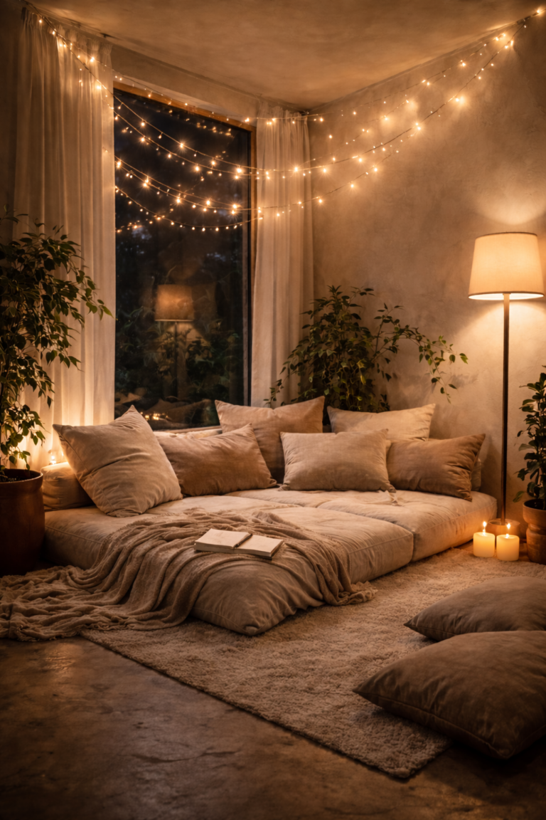 Cozy Reading Corner Haven with Fairy Lights & Floor Seating