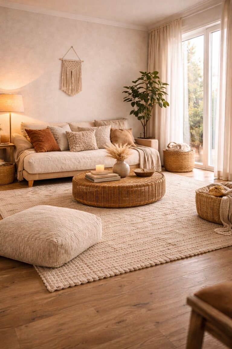 Cozy Boho Living Room with Warm Neutrals & Natural Textures