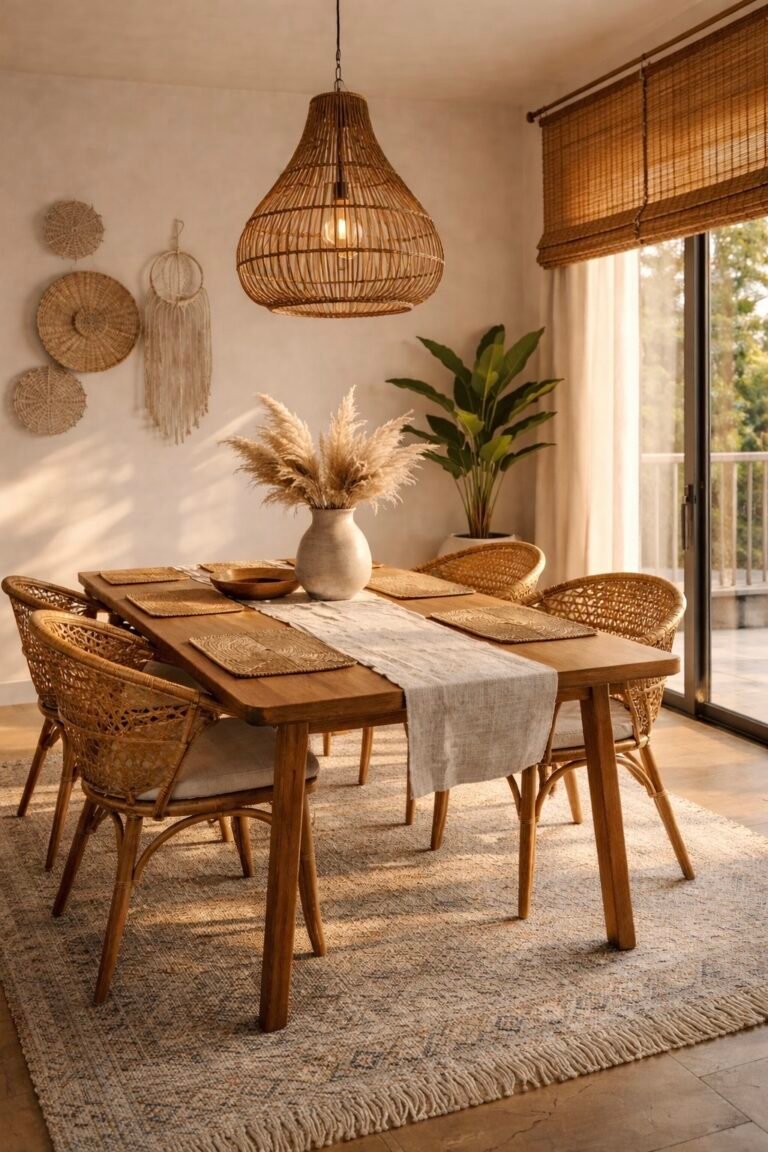 Cozy Boho Dining Room with Warm Lighting and Natural Textures
