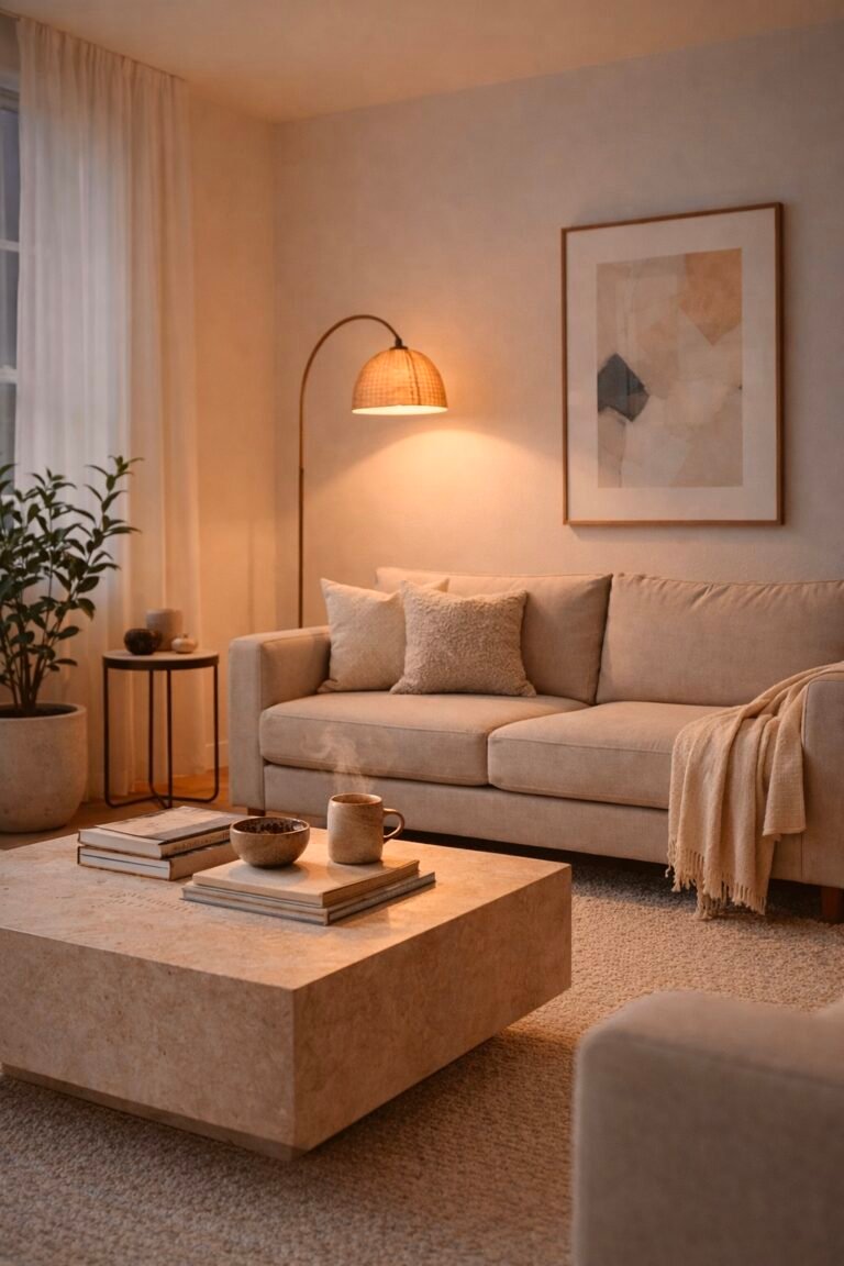 Cozy Neutral Living Room with Warm Lamp Lighting ✨