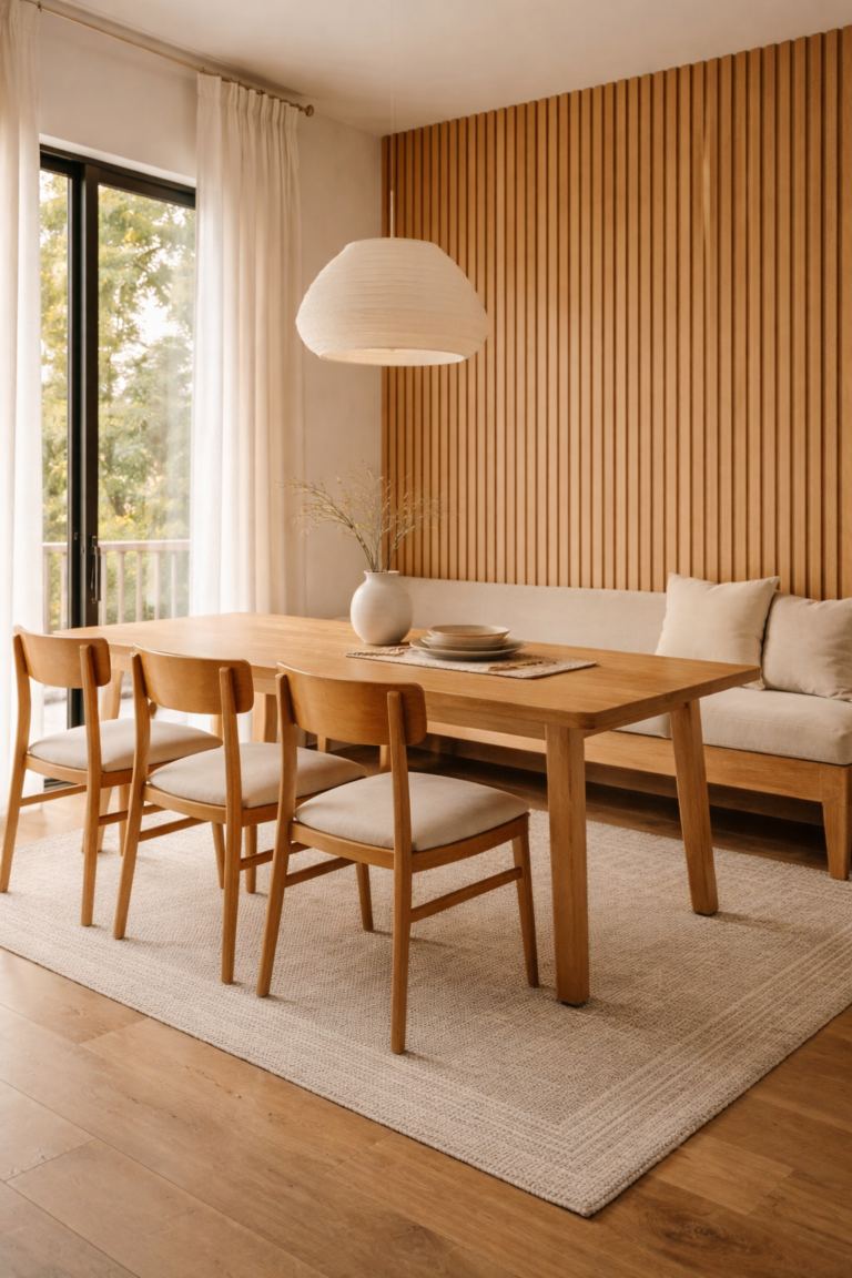 Modern Wooden Dining Setup with Clean Lines and Minimal Warm Decor