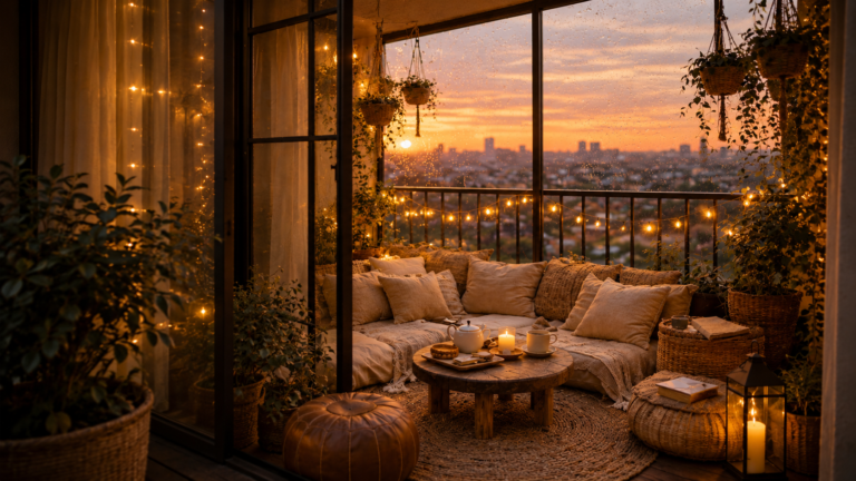 Cozy Balcony Decor Ideas with Warm Lights & Sunset View