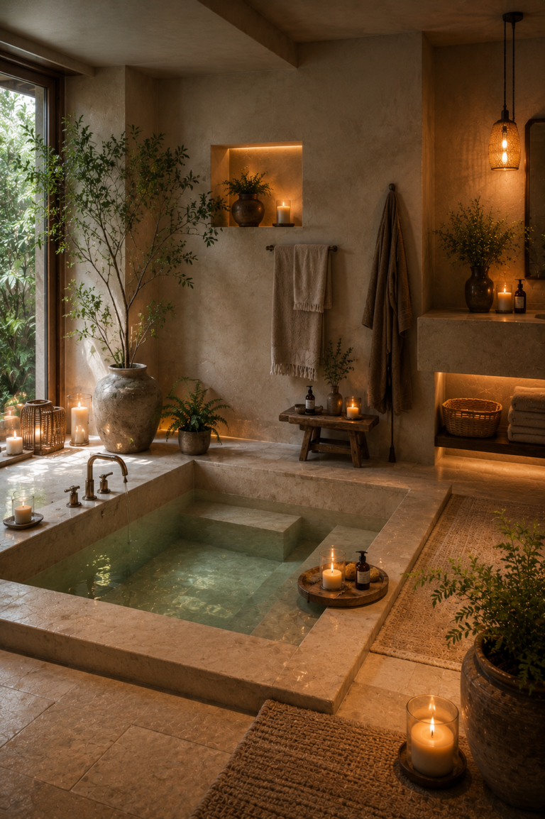 Warm Candlelit Bathroom with Organic Modern Charm