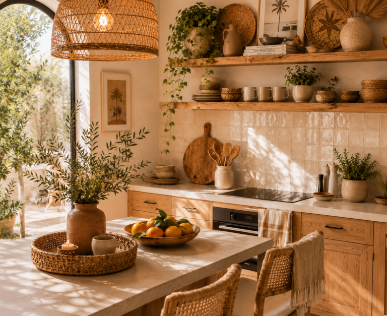 Airy California Boho Kitchen with Warm Neutral Decor