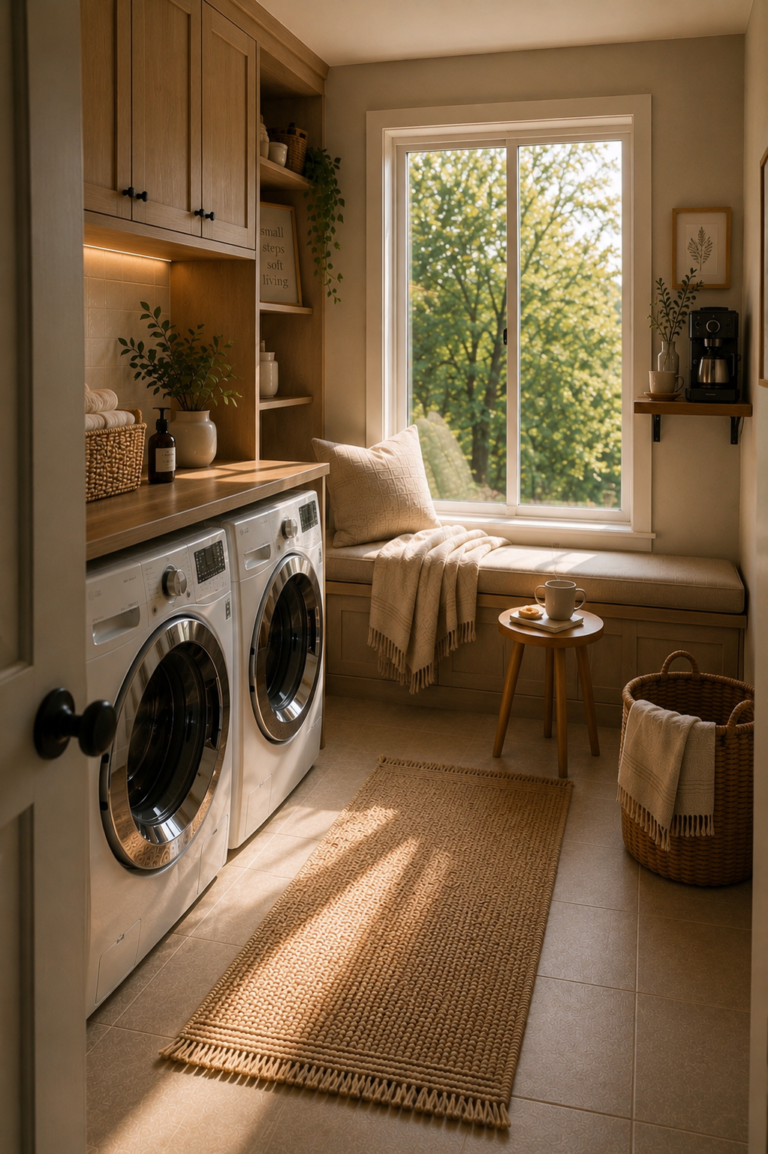 Cozy Laundry Room with Window Seat & Warm Wood Cabinets